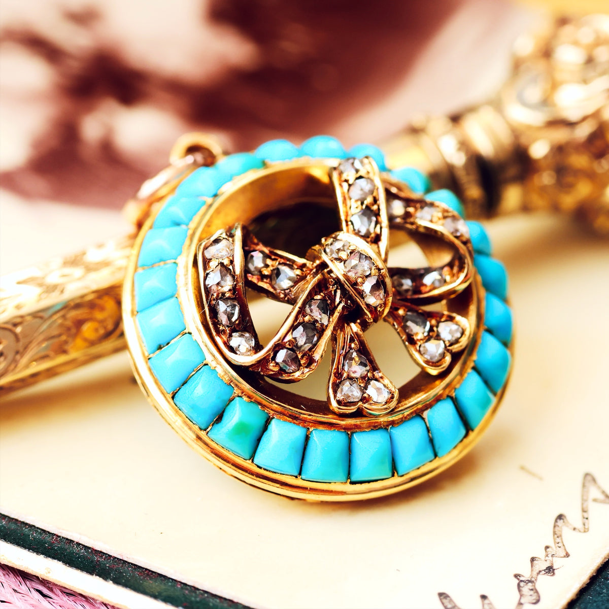 Antique Victorian Turquoise & Diamond Bow Pendant