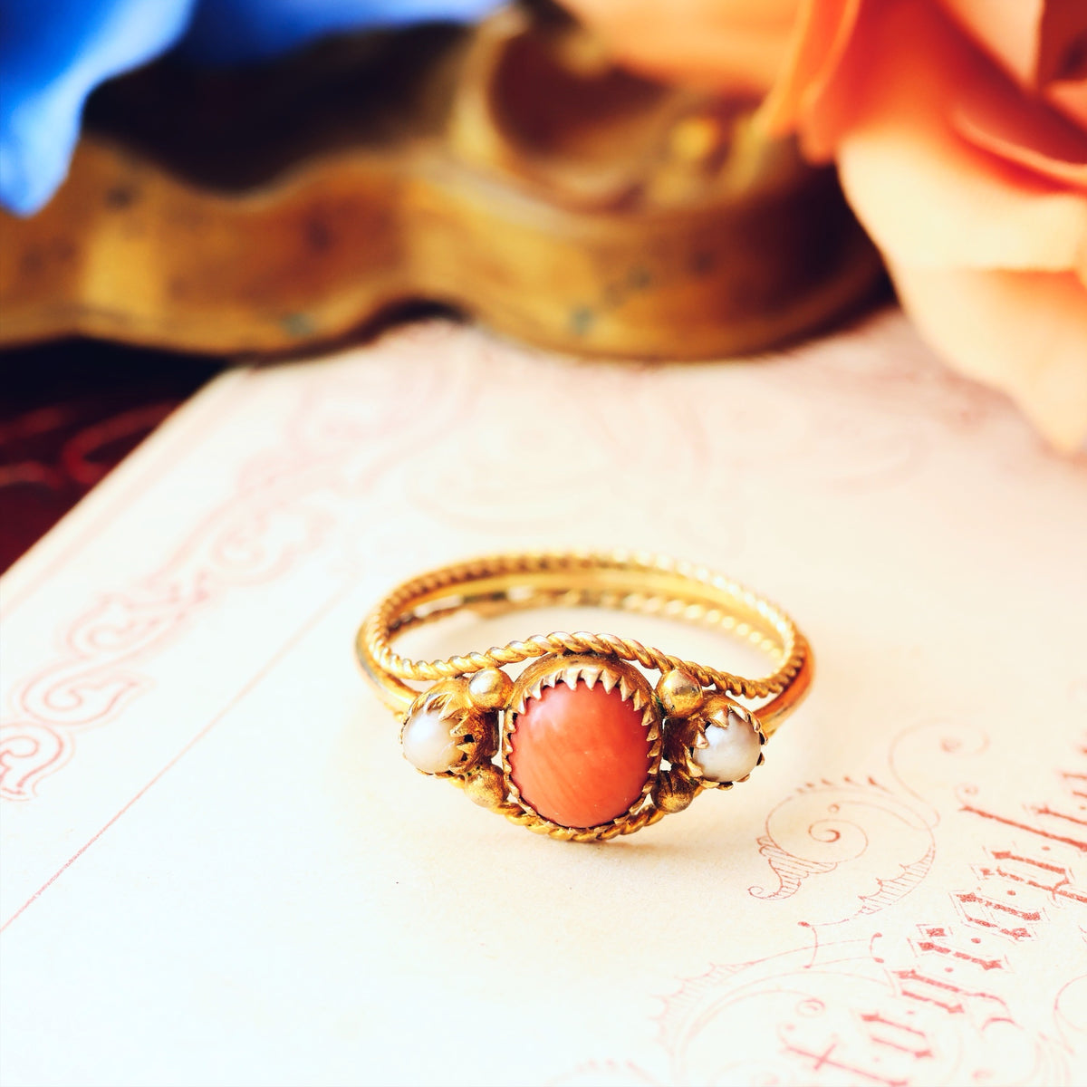 Antique Archaeological Revival Coral & Pearl Ring