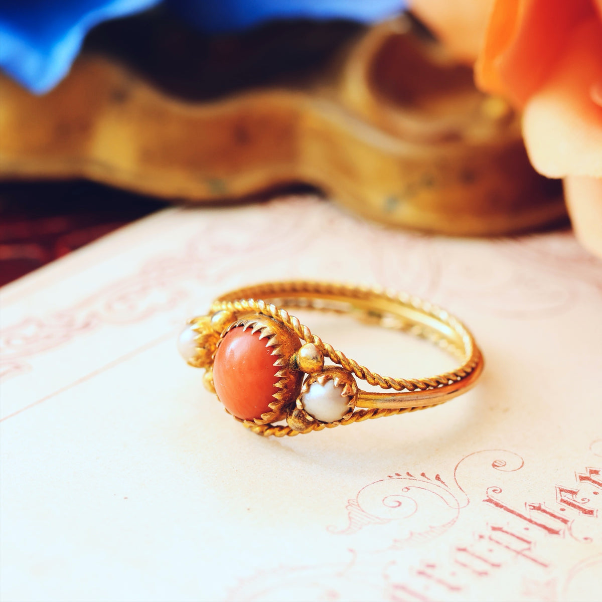 Antique Archaeological Revival Coral & Pearl Ring