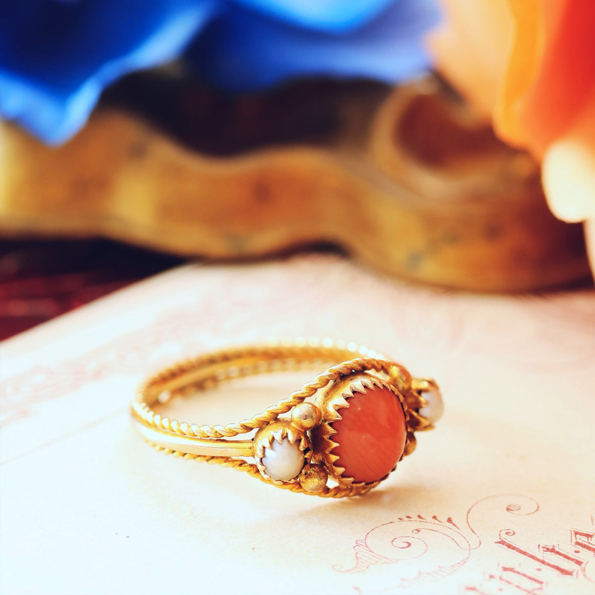 Antique Archaeological Revival Coral & Pearl Ring