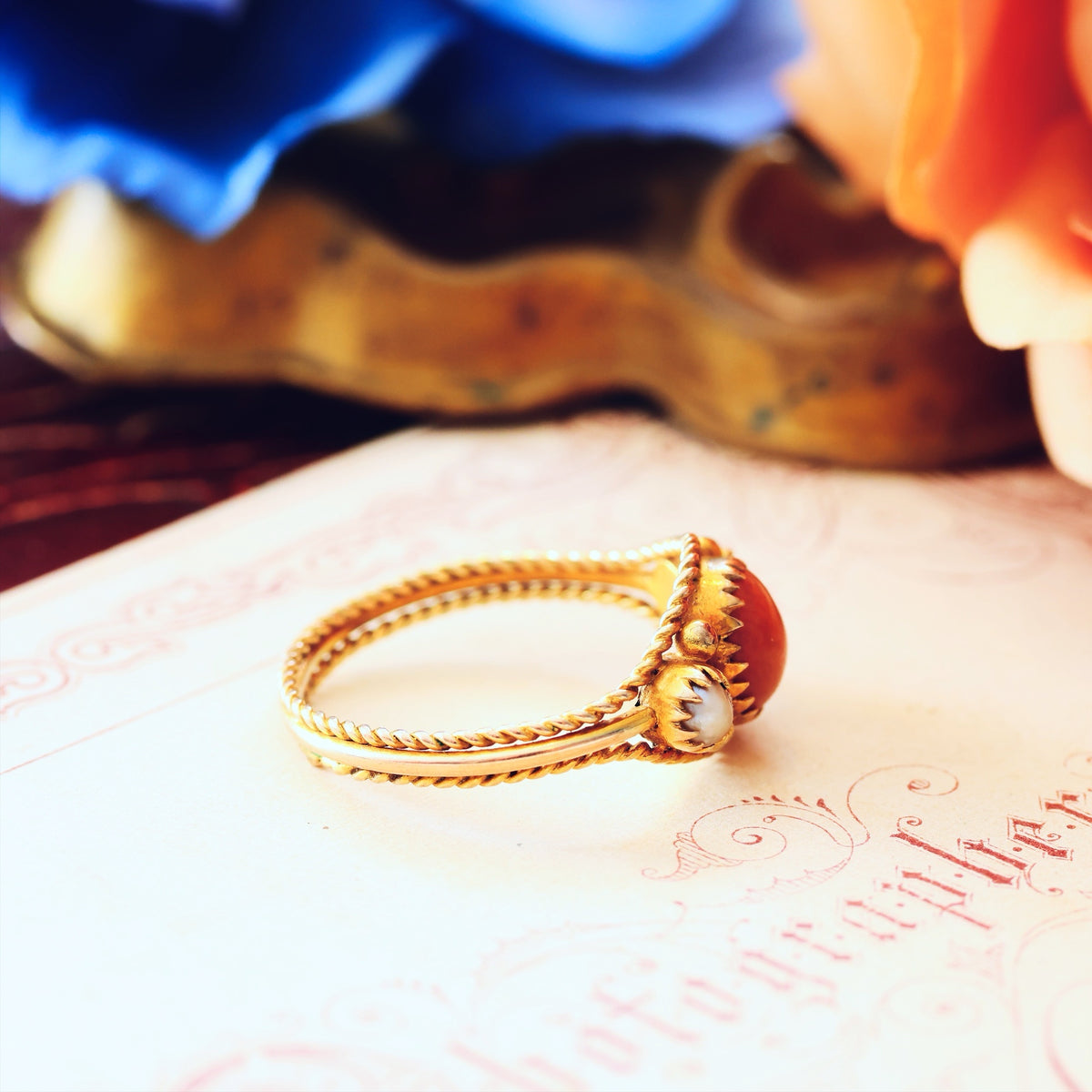 Antique Archaeological Revival Coral & Pearl Ring