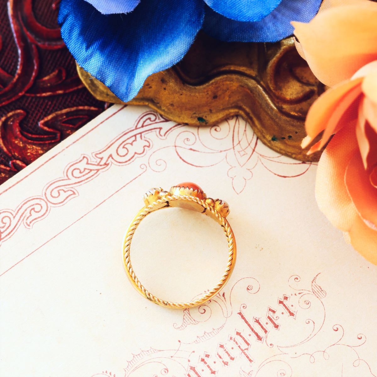 Antique Archaeological Revival Coral & Pearl Ring
