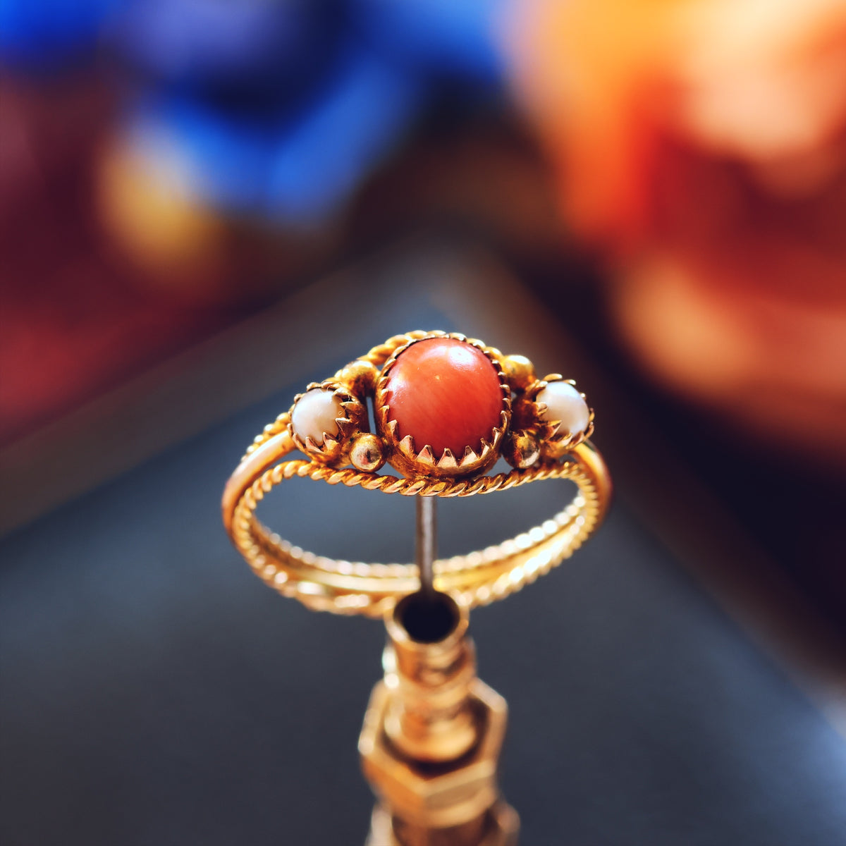 Antique Archaeological Revival Coral & Pearl Ring