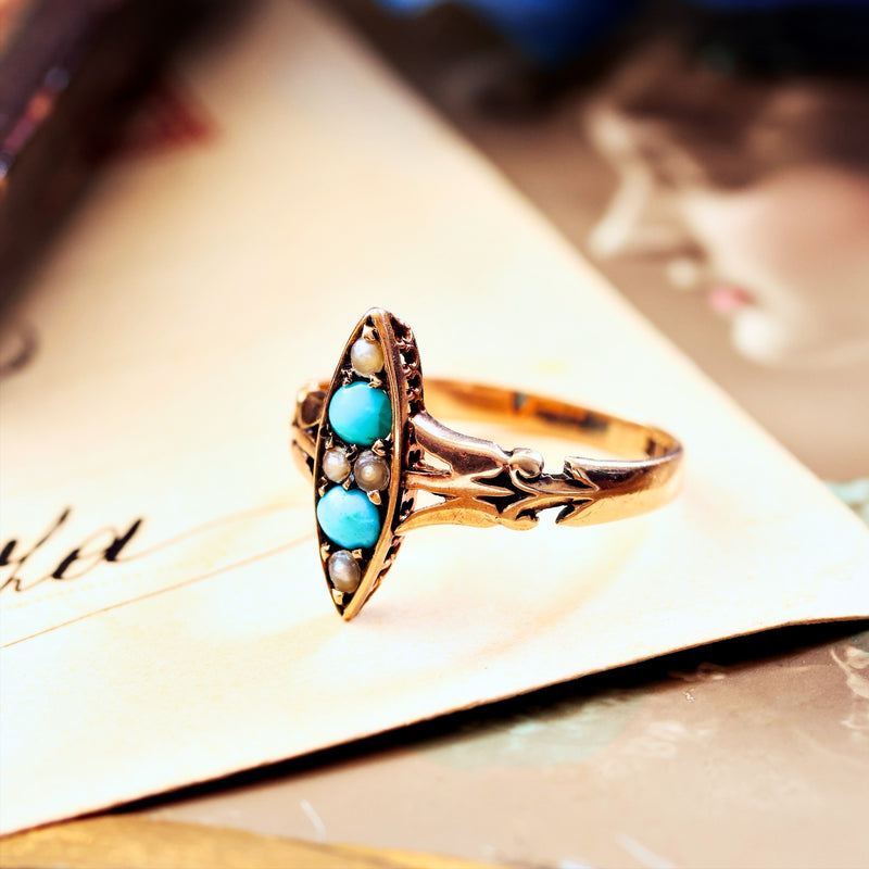 Antique Art Nouveau Turquoise & Seed Pearl Ring