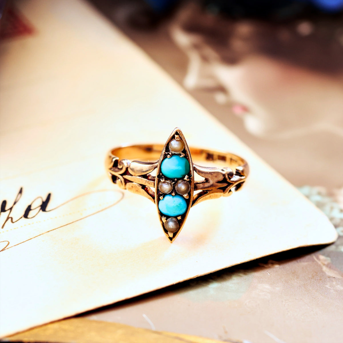 Poetic Antique Art Nouveau Turquoise & Seed Pearl Ring