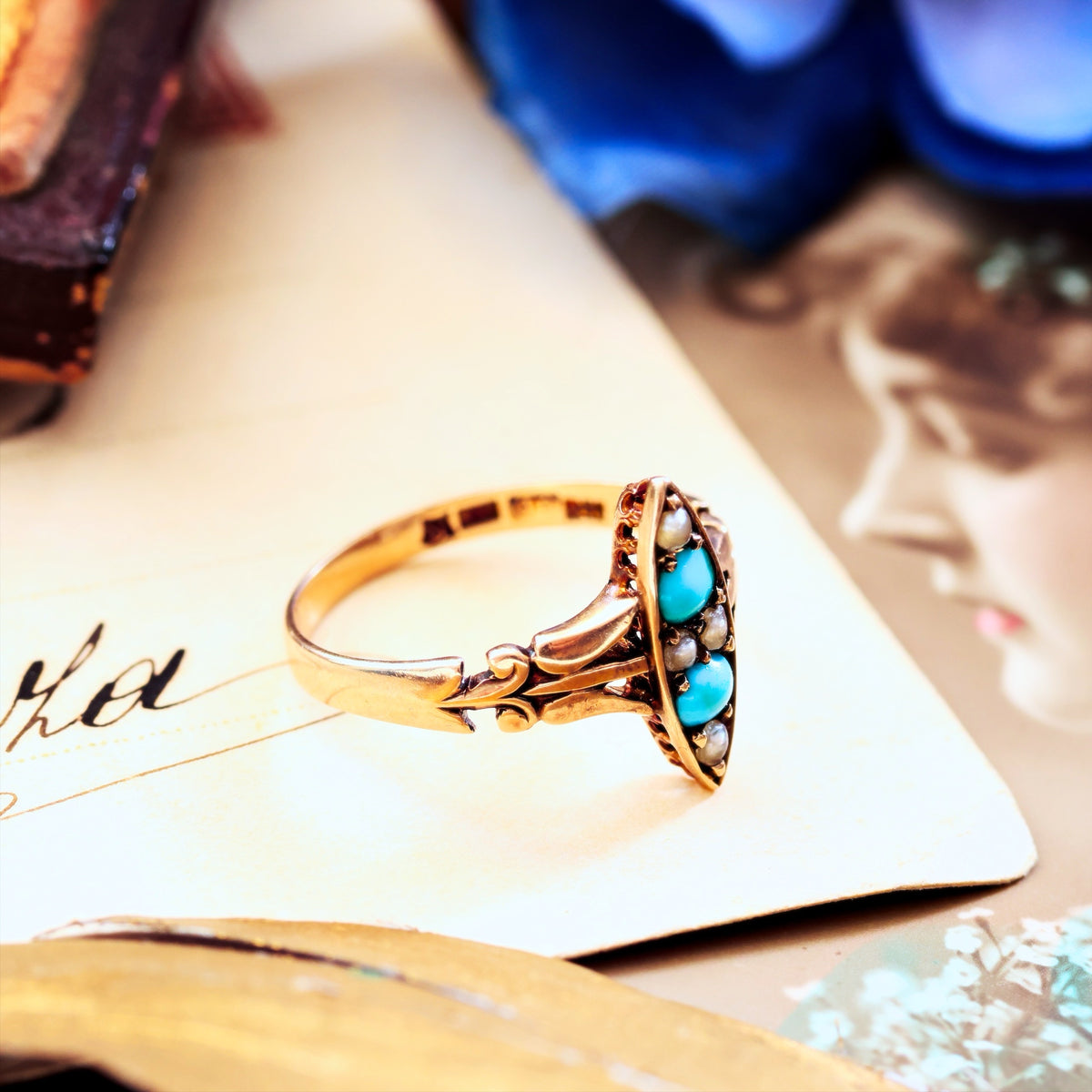 Poetic Antique Art Nouveau Turquoise & Seed Pearl Ring