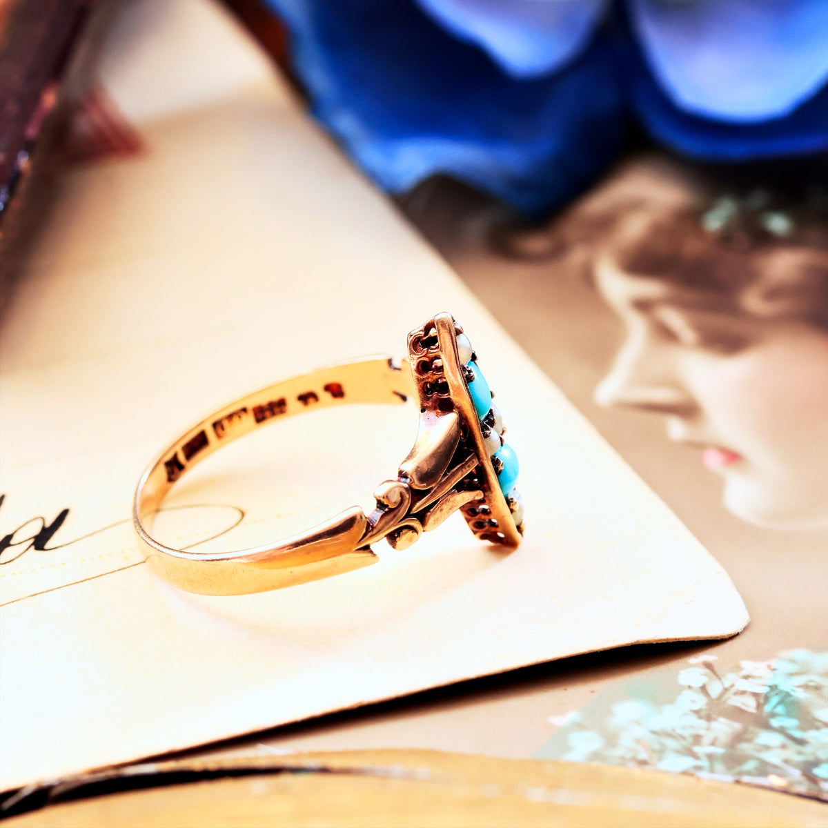 Poetic Antique Art Nouveau Turquoise & Seed Pearl Ring