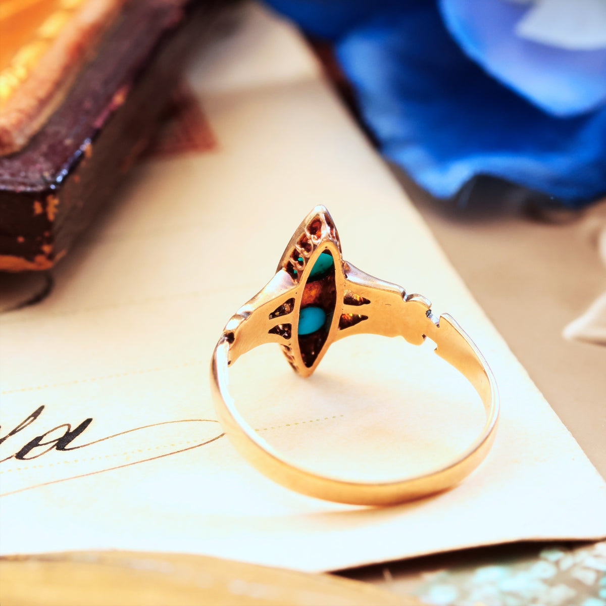 Poetic Antique Art Nouveau Turquoise & Seed Pearl Ring