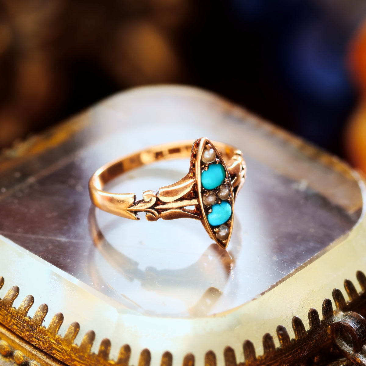Poetic Antique Art Nouveau Turquoise & Seed Pearl Ring