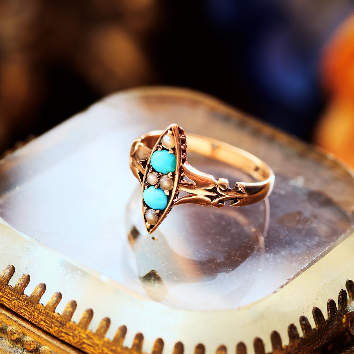 Poetic Antique Art Nouveau Turquoise & Seed Pearl Ring