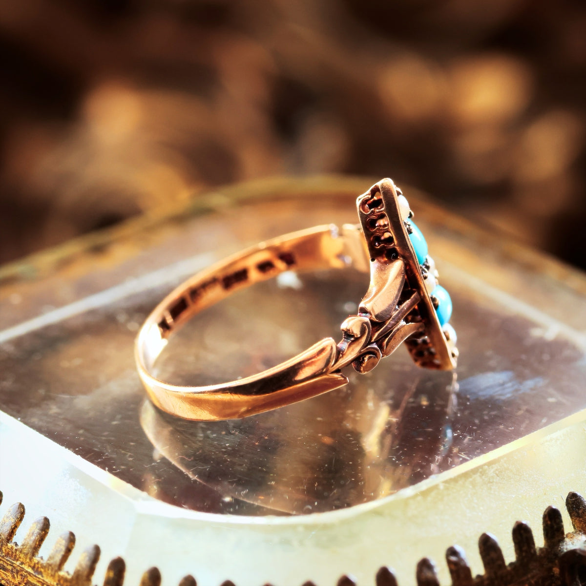 Poetic Antique Art Nouveau Turquoise & Seed Pearl Ring