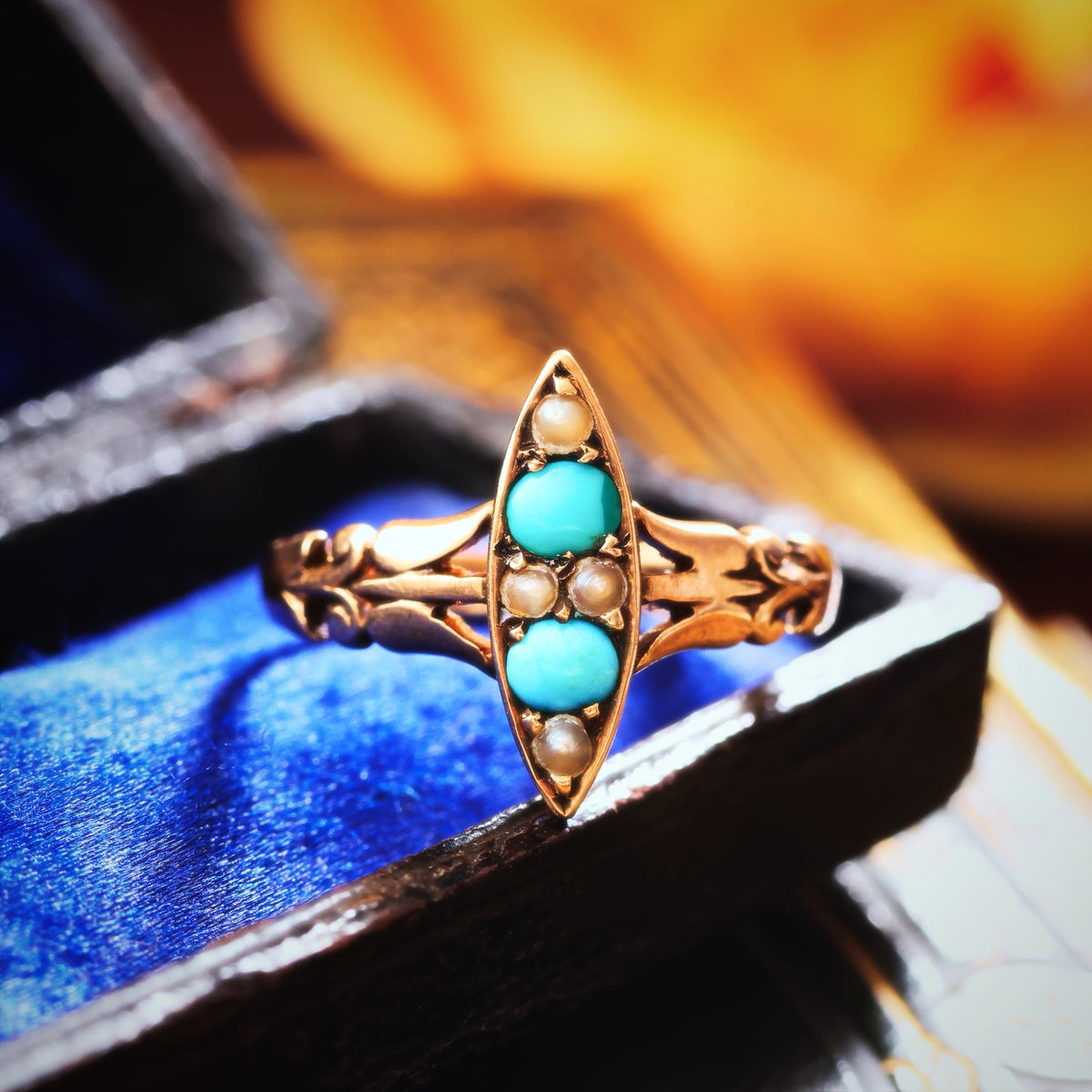 Poetic Antique Art Nouveau Turquoise & Seed Pearl Ring