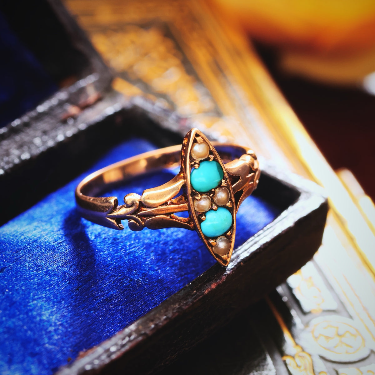 Poetic Antique Art Nouveau Turquoise & Seed Pearl Ring