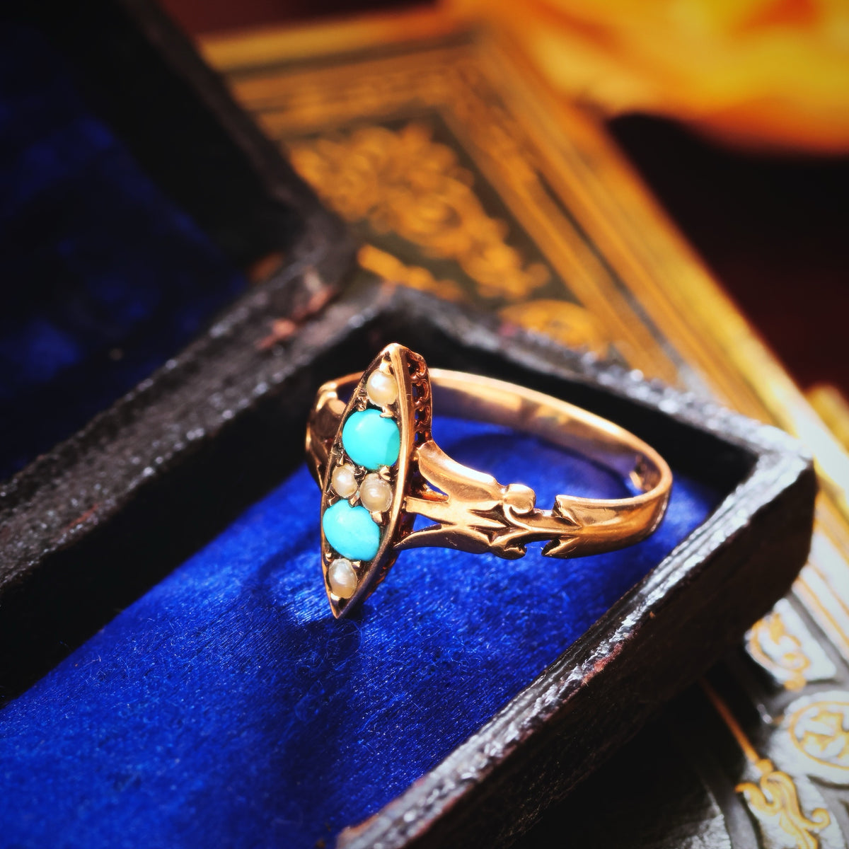 Poetic Antique Art Nouveau Turquoise & Seed Pearl Ring