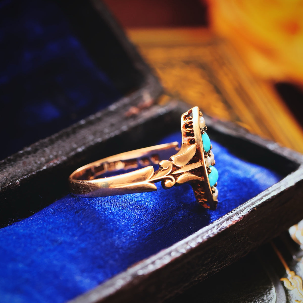 Poetic Antique Art Nouveau Turquoise & Seed Pearl Ring