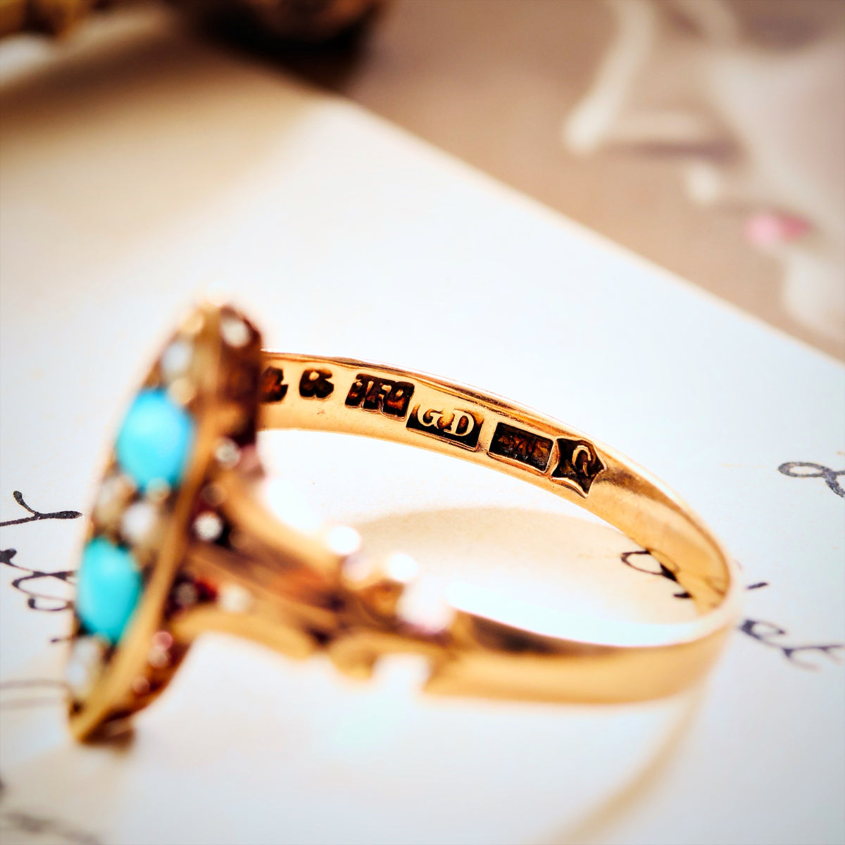 Poetic Antique Art Nouveau Turquoise & Seed Pearl Ring