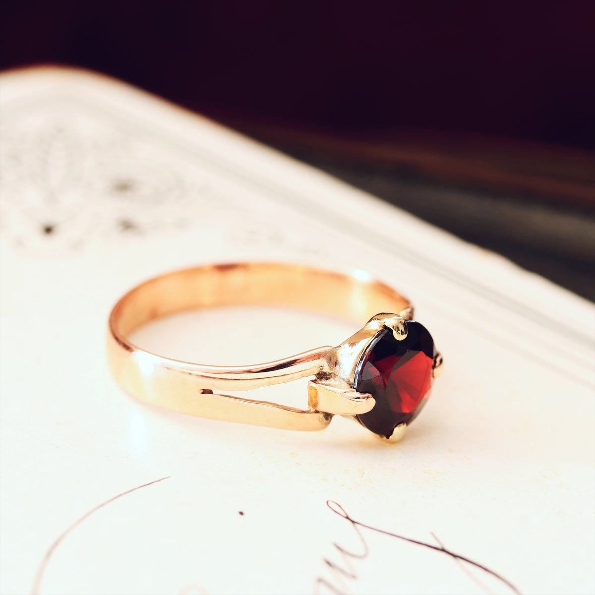 Antique Arts & Crafts Era Garnet Solitaire Ring