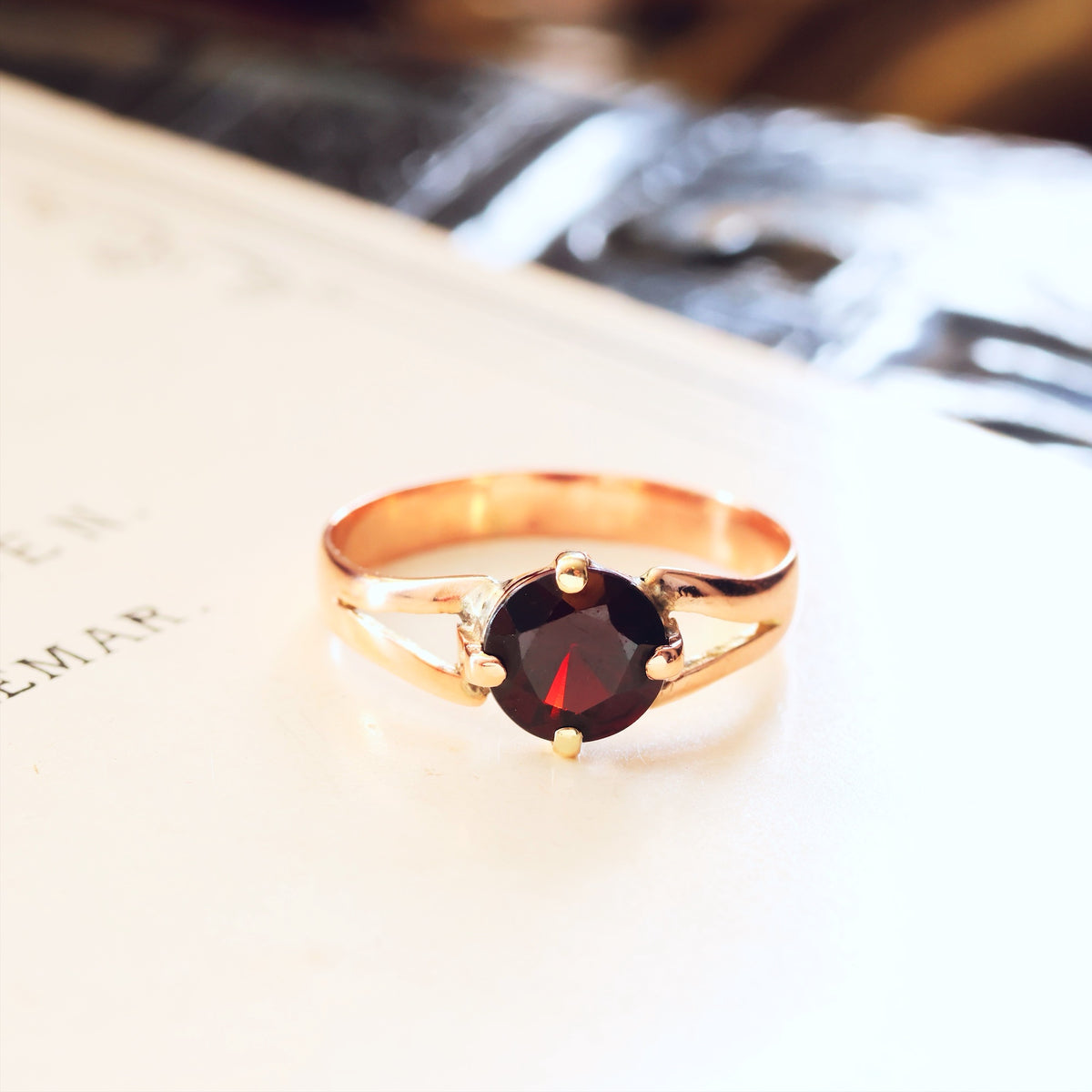Antique Arts & Crafts Era Garnet Solitaire Ring