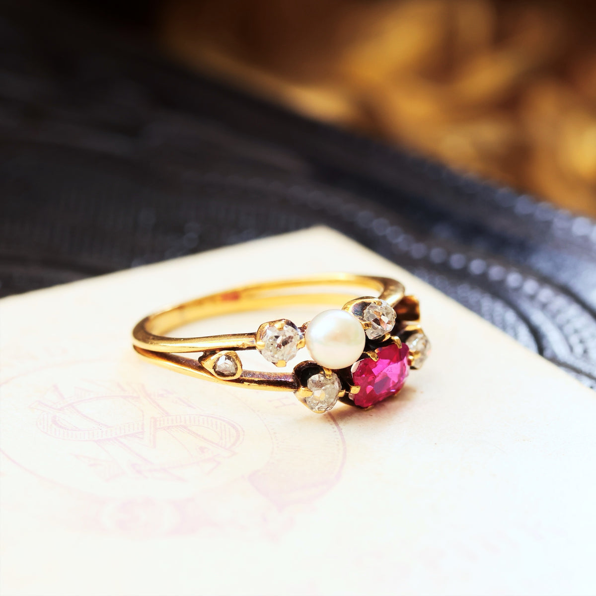 Fine Antique Certificated Burmese Ruby & Natural Pearl Ring