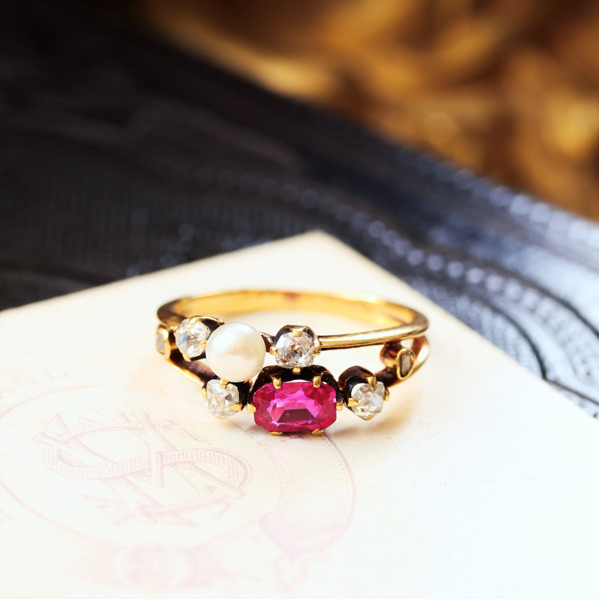 Fine Antique Certificated Burmese Ruby & Natural Pearl Ring