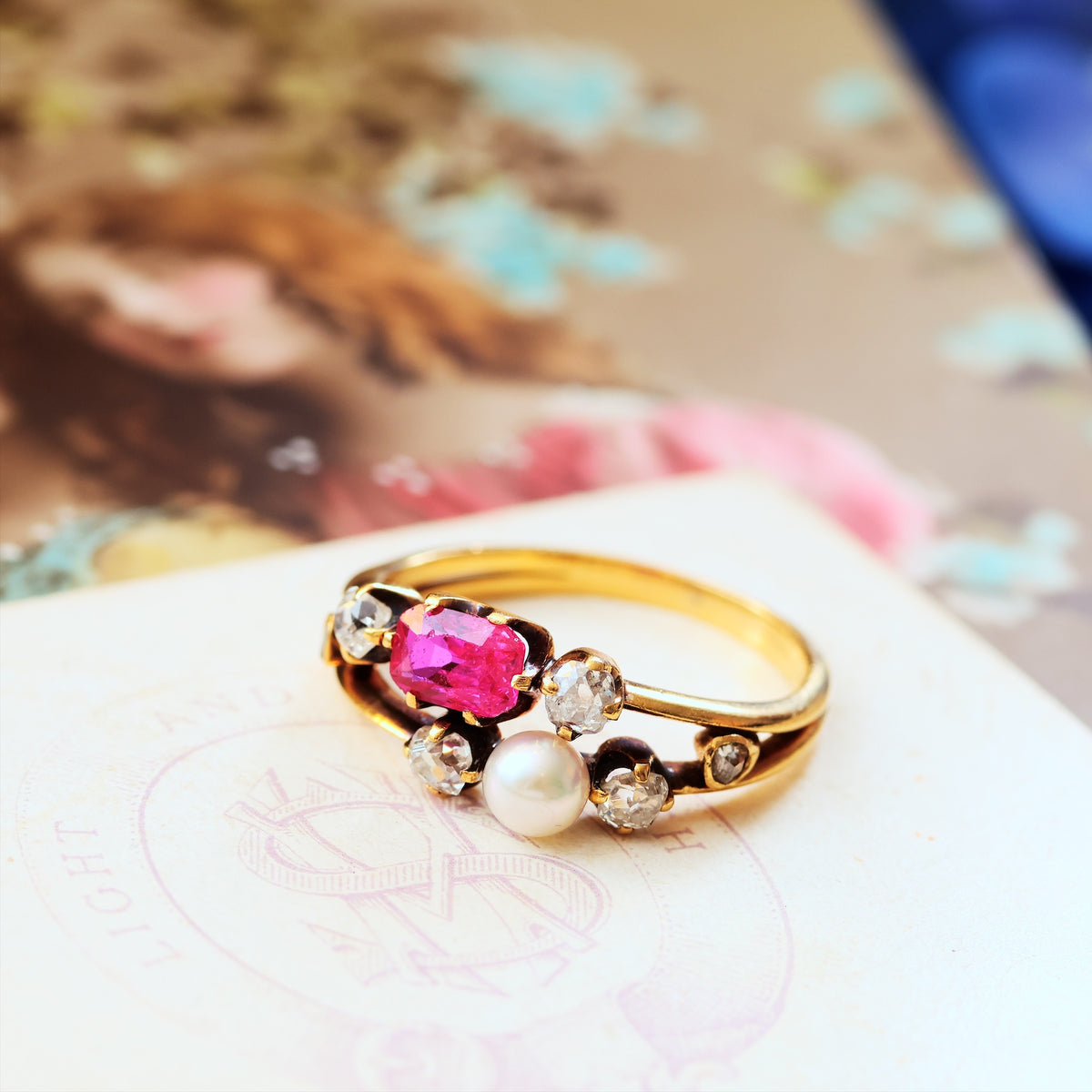 Fine Antique Certificated Burmese Ruby & Natural Pearl Ring