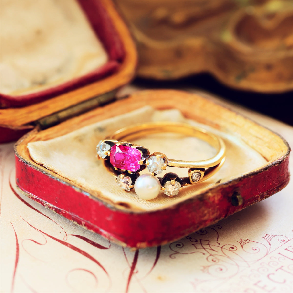 Fine Antique Certificated Burmese Ruby & Natural Pearl Ring