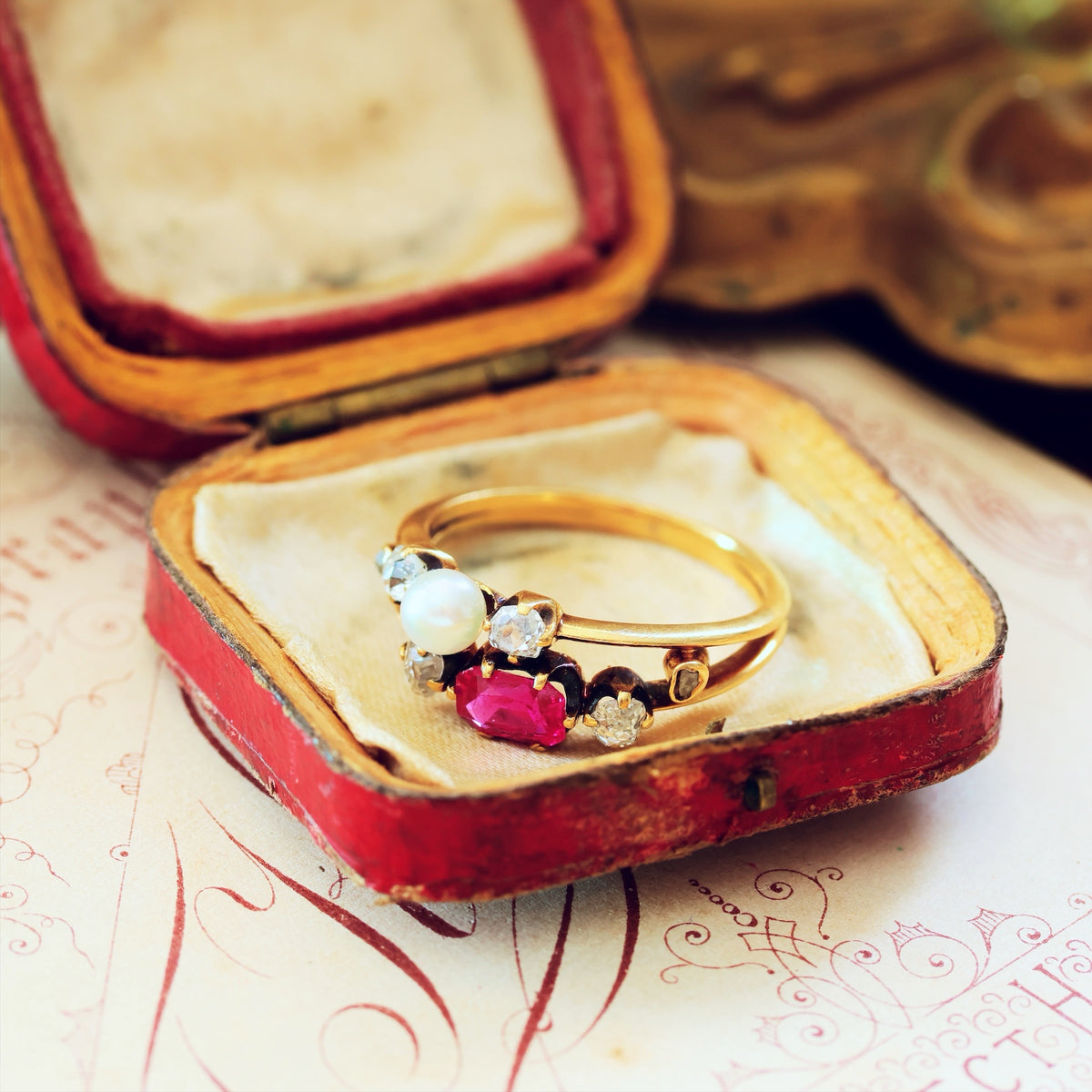 Fine Antique Certificated Burmese Ruby & Natural Pearl Ring