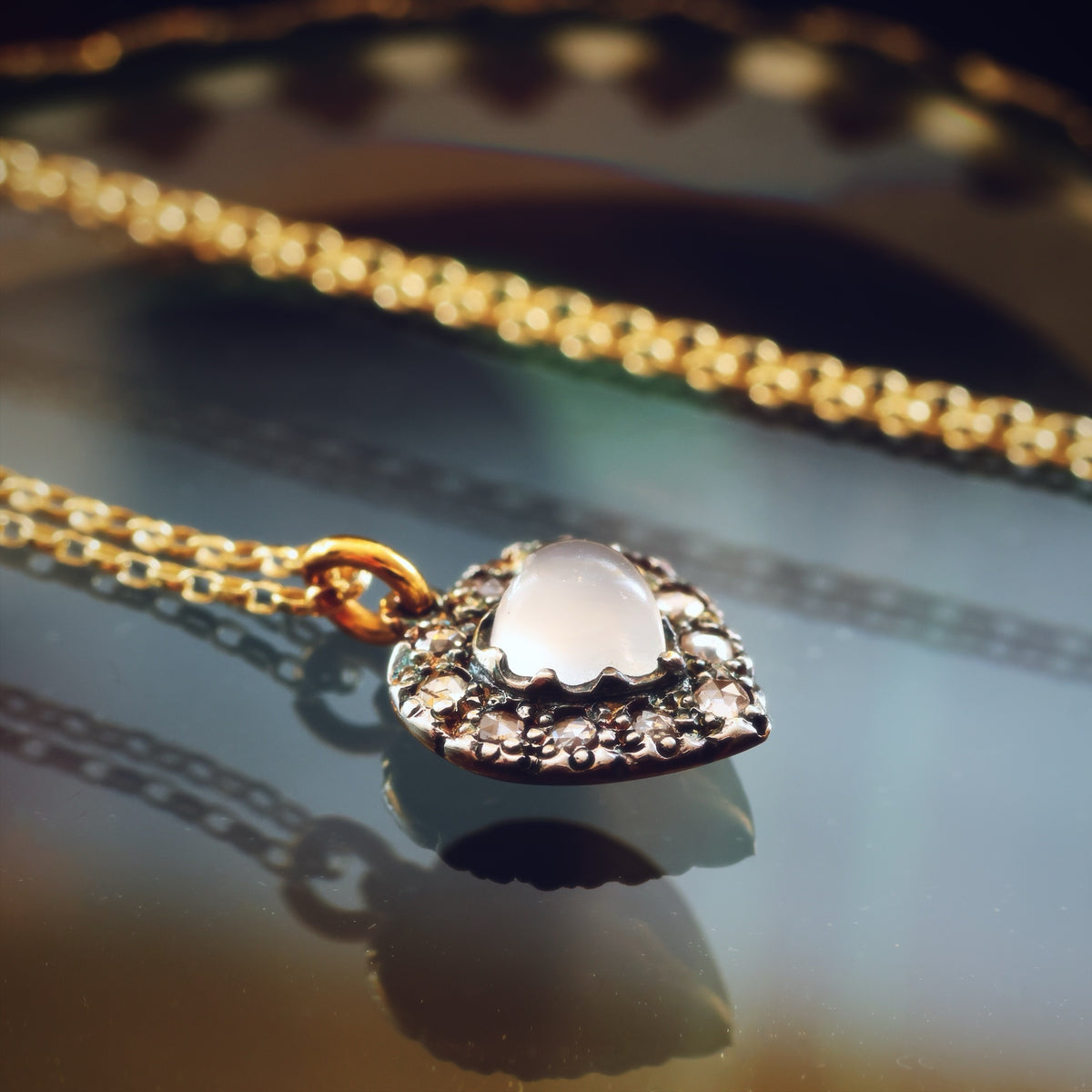 Antique Cat's Eye Moonstone & Diamond Heart Pendant