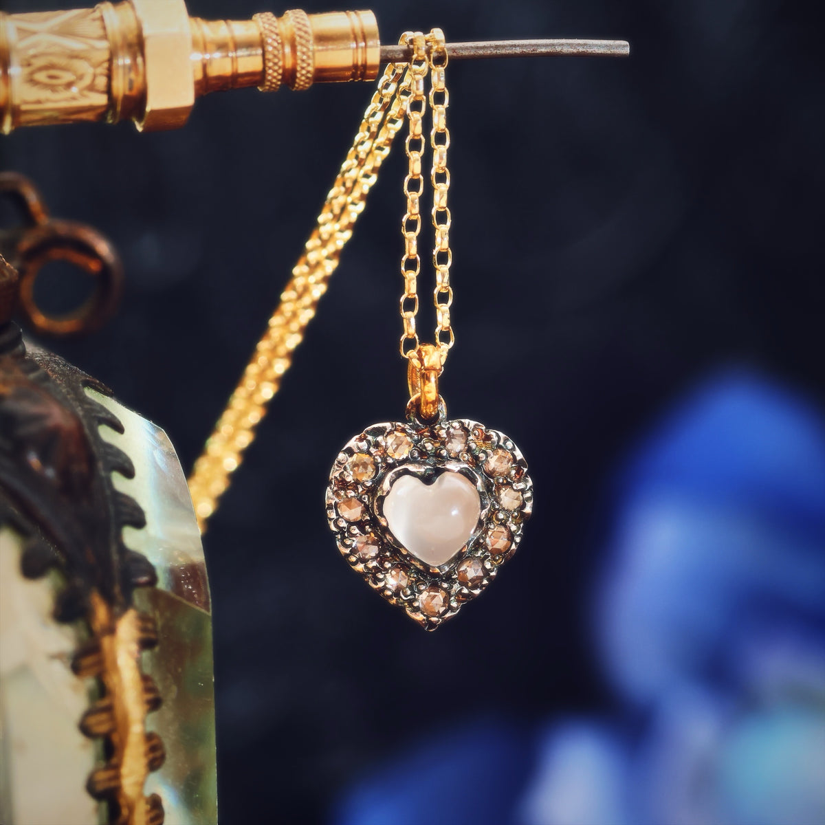 Antique Cat's Eye Moonstone & Diamond Heart Pendant