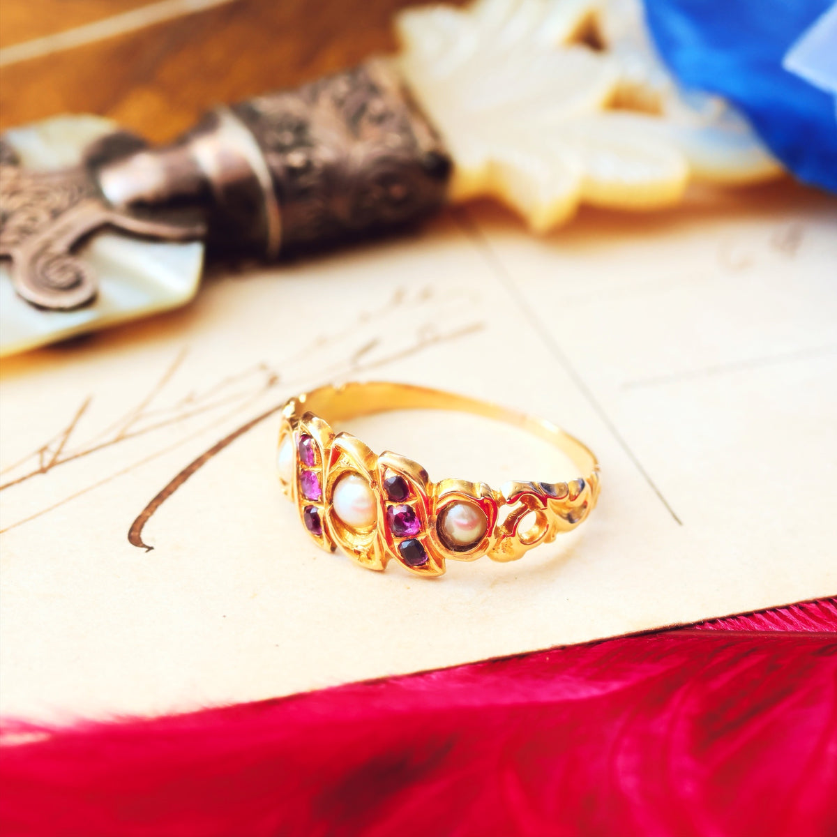 Antique Circa 1870's Victorian Ruby & Pearl Ring