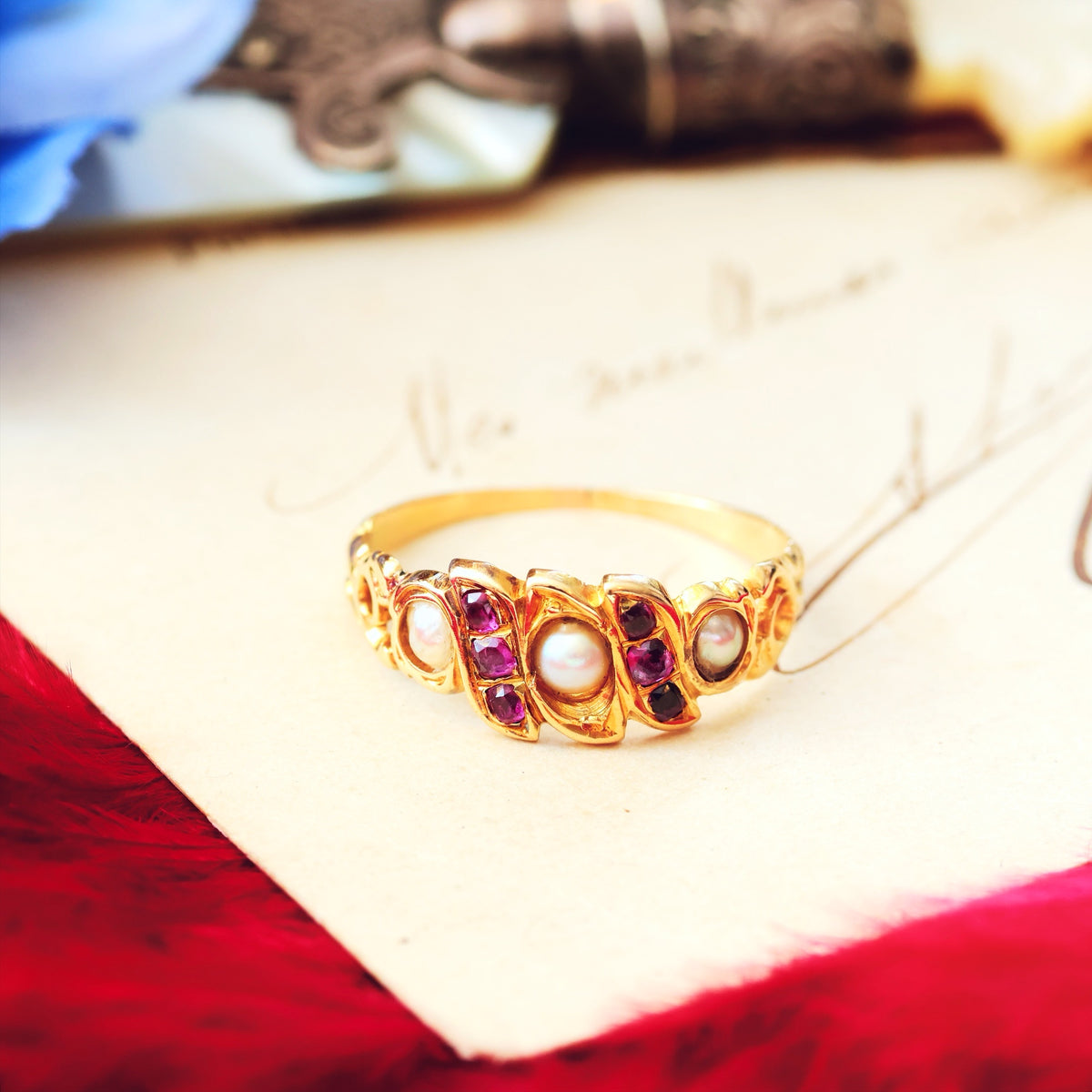 Antique Circa 1870's Victorian Ruby & Pearl Ring