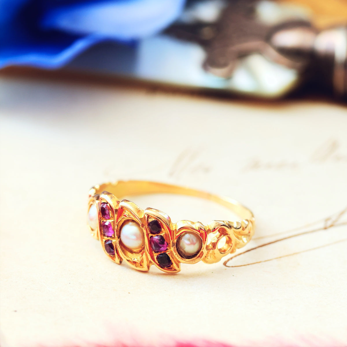 Antique Circa 1870's Victorian Ruby & Pearl Ring