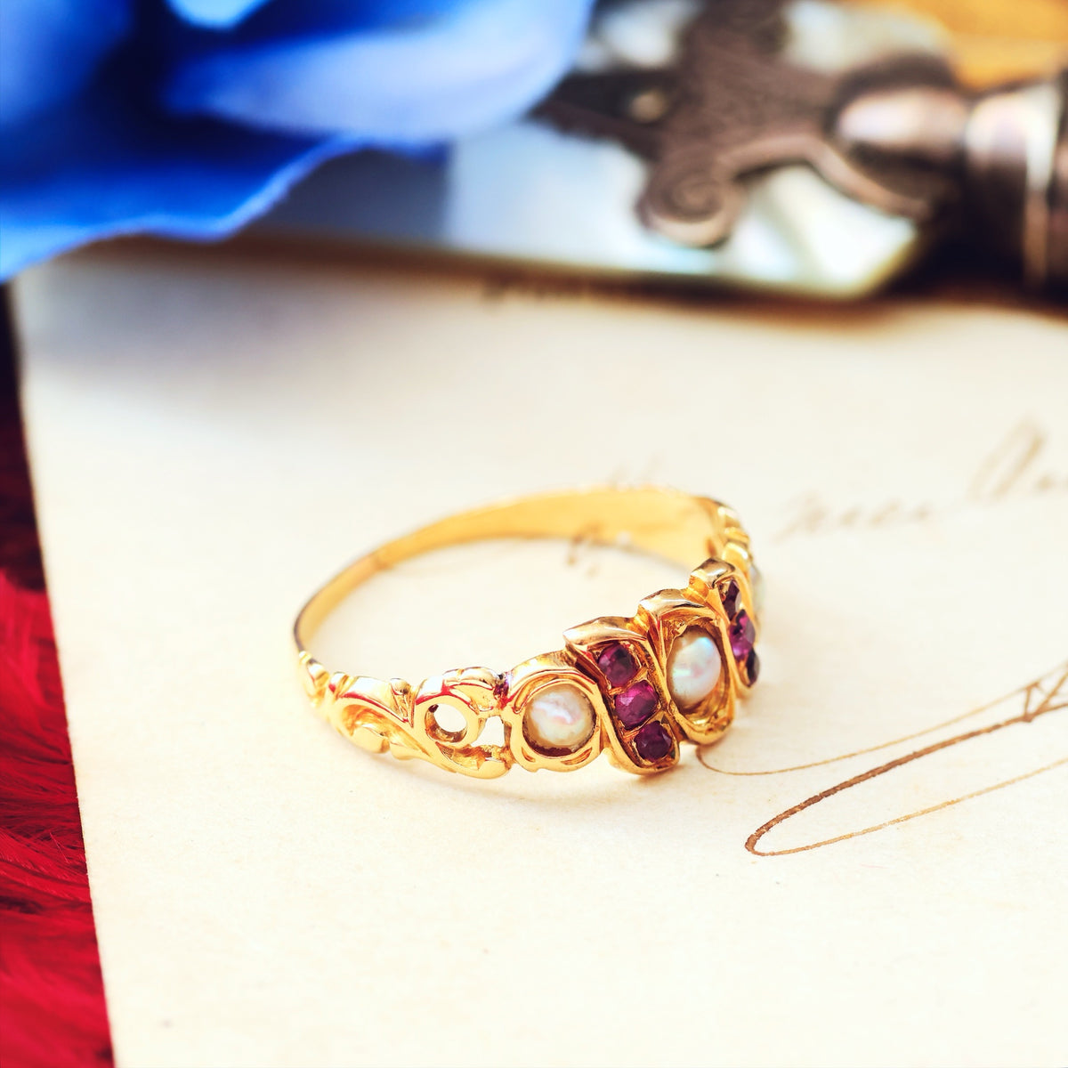 Antique Circa 1870's Victorian Ruby & Pearl Ring