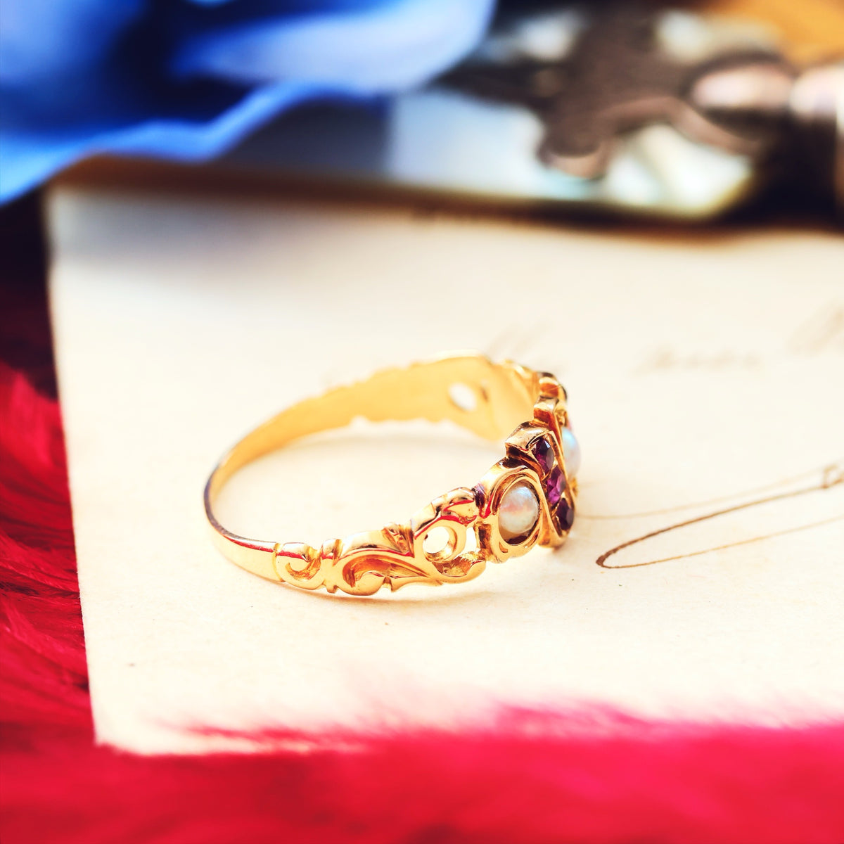 Antique Circa 1870's Victorian Ruby & Pearl Ring