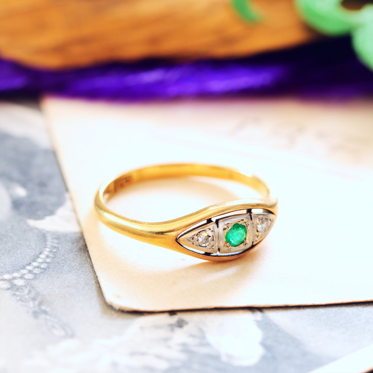 Sweet Sympathy! Circa 1920's Emerald & Diamond Ring