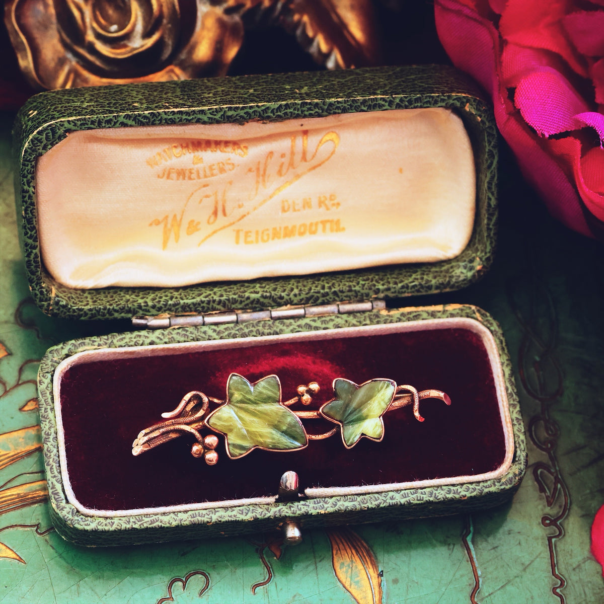 Antique Connemara Marble Ivy Leaves Brooch