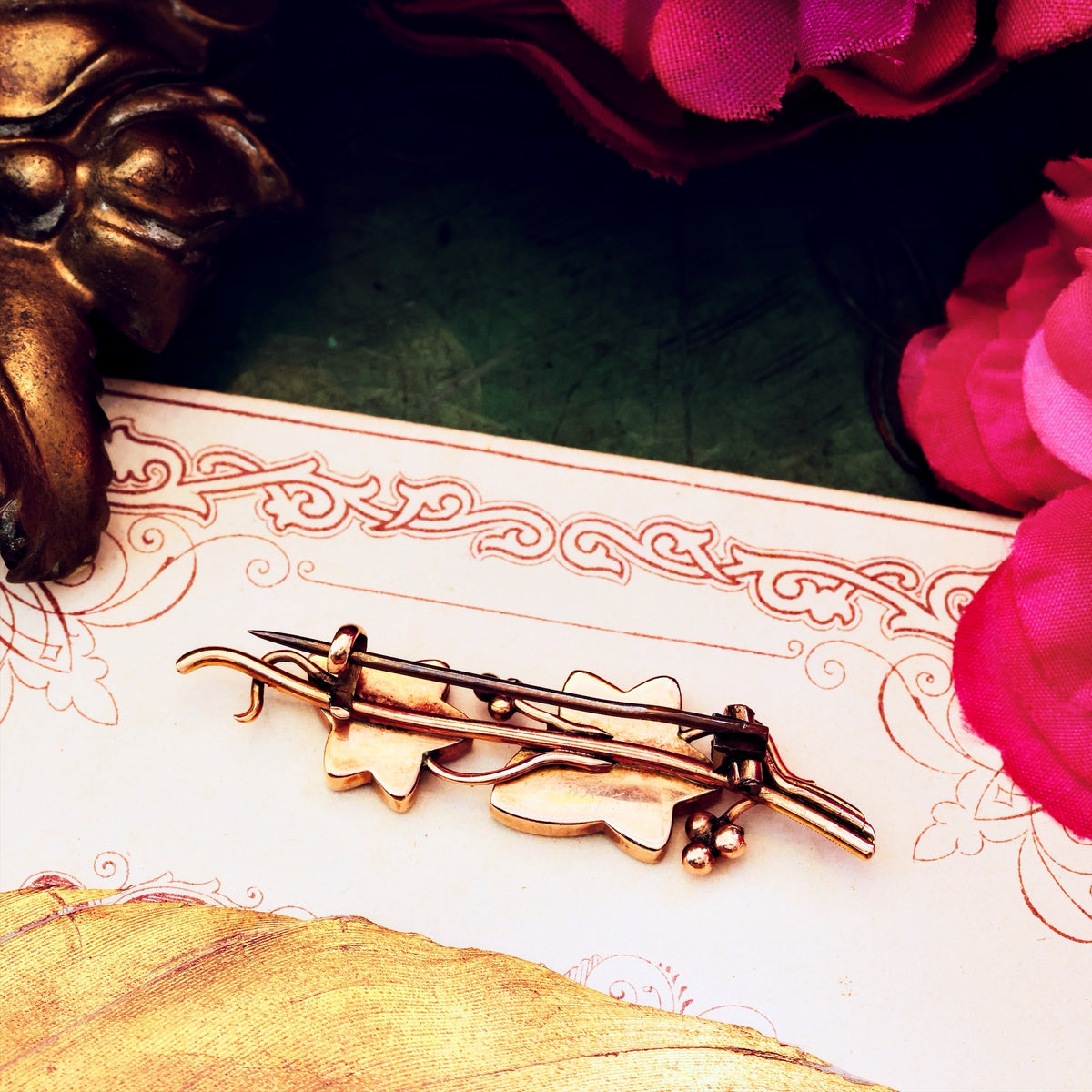 Antique Connemara Marble Ivy Leaves Brooch