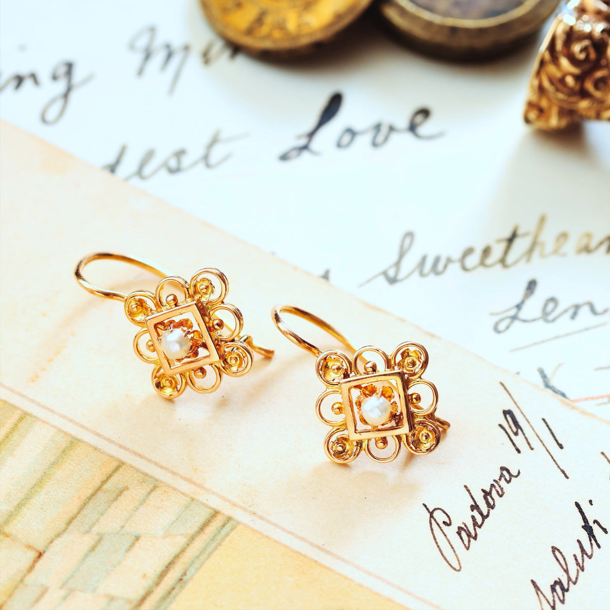 Antique Continental 18ct Gold Seed Pearl Earrings