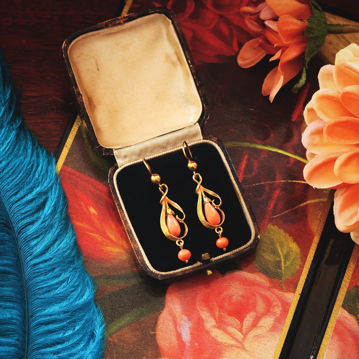 Hand Made Vintage Continental Coral Drop Earrings