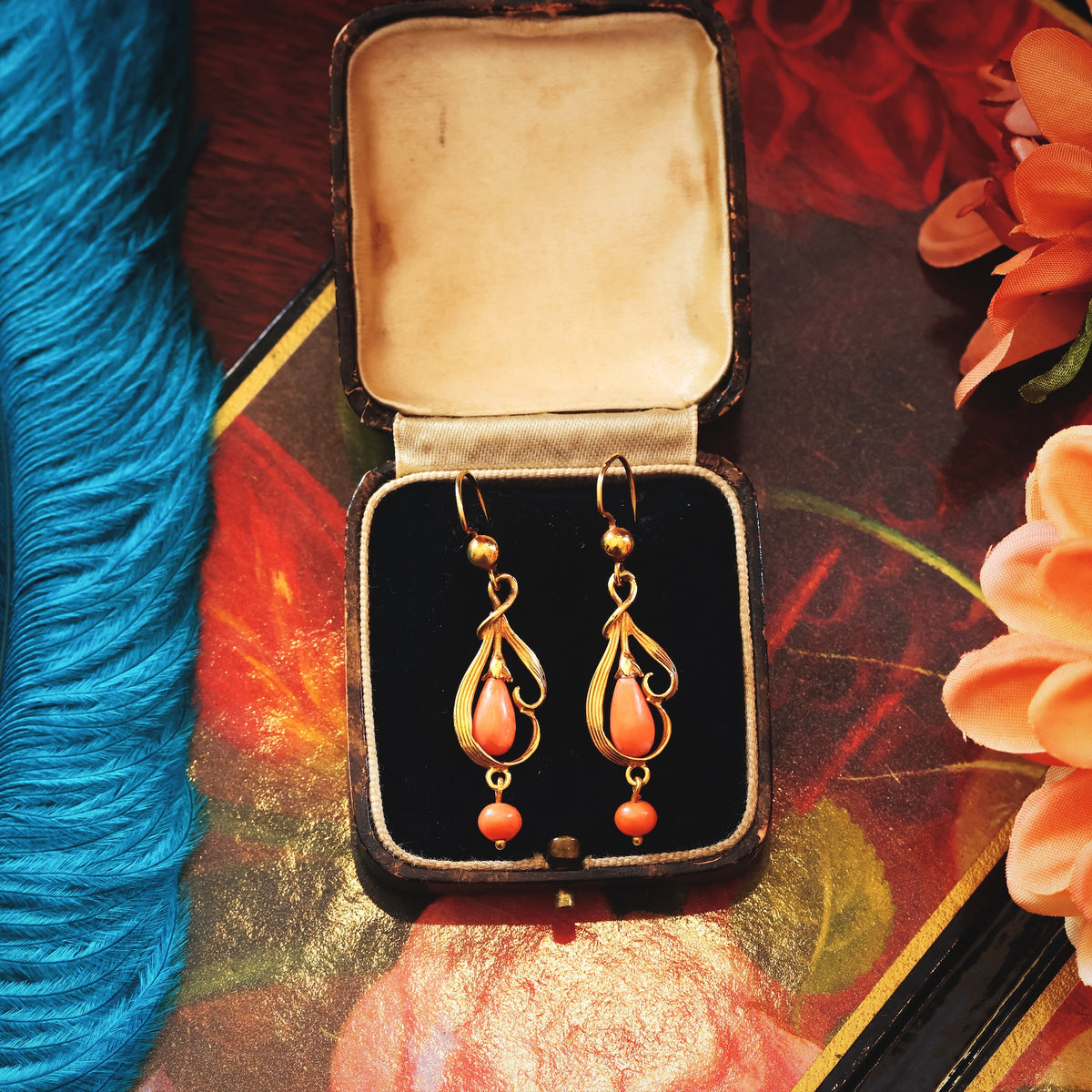 Hand Made Vintage Continental Coral Drop Earrings