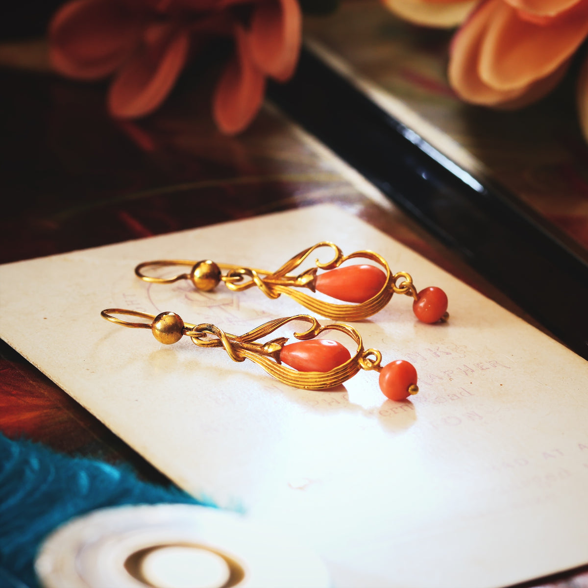 Hand Made Vintage Continental Coral Drop Earrings