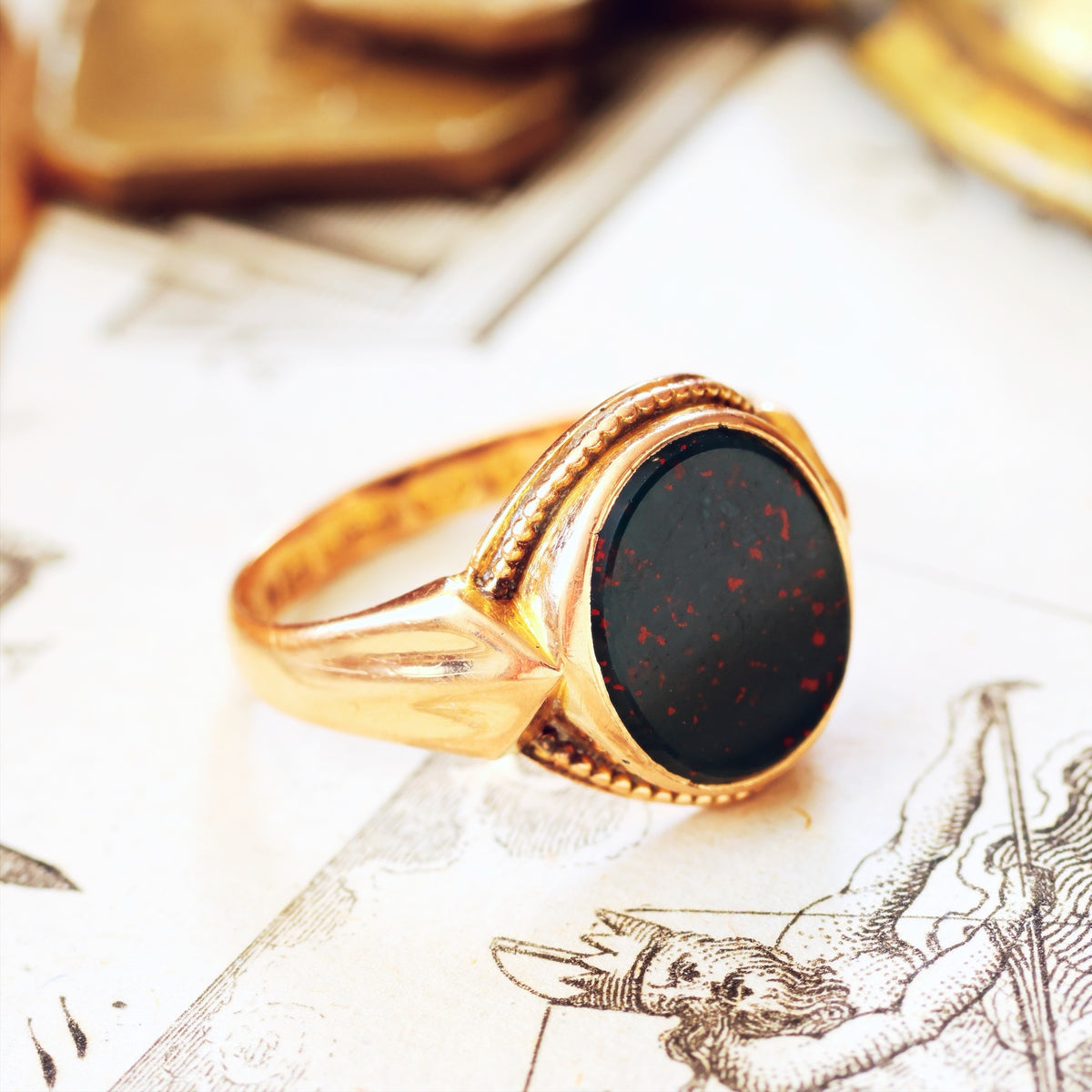 Date 1876 15ct Gold Bloodstone Signet Ring in Antique Box