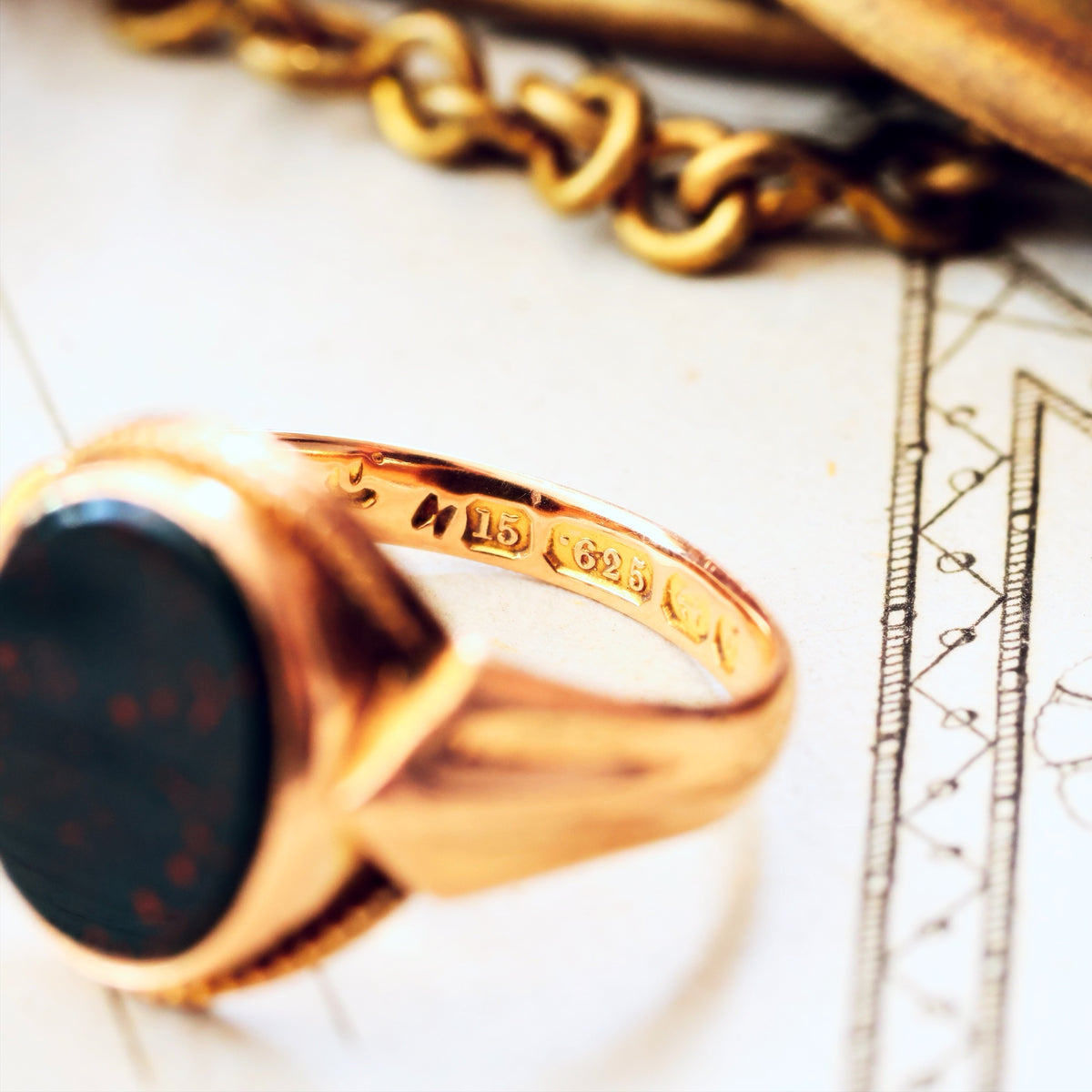 Date 1876 15ct Gold Bloodstone Signet Ring in Antique Box