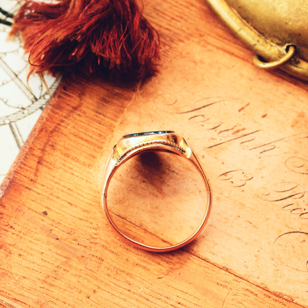 Date 1876 15ct Gold Bloodstone Signet Ring in Antique Box