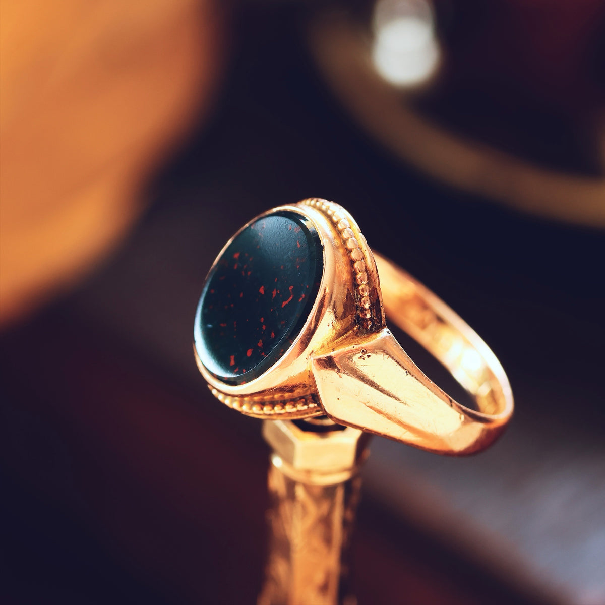 Date 1876 15ct Gold Bloodstone Signet Ring in Antique Box