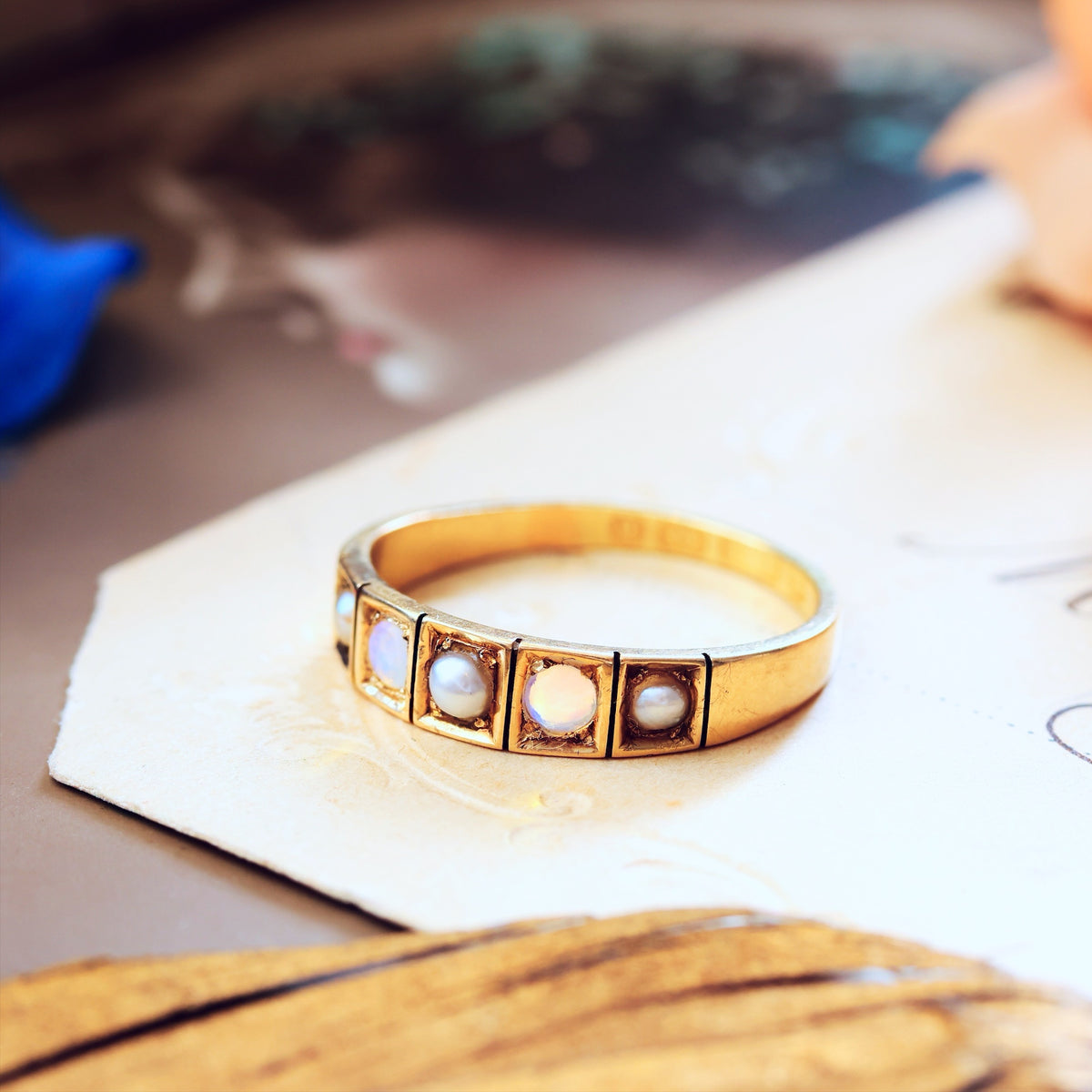 Antique Date 1876 Opal & Pearl Band Ring