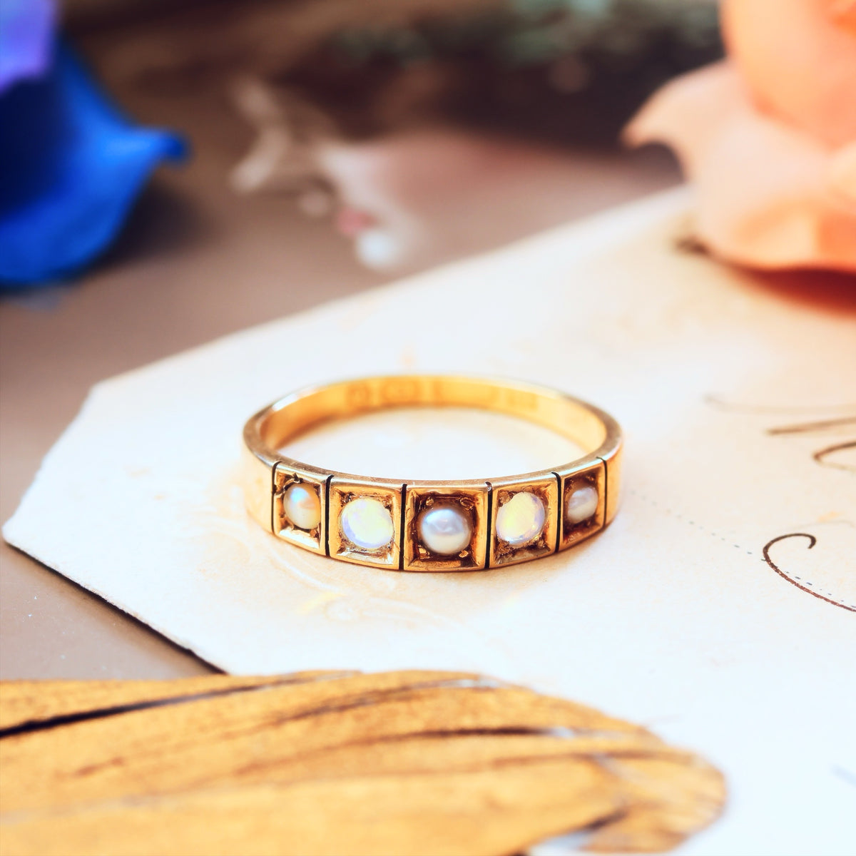 Antique Date 1876 Opal & Pearl Band Ring