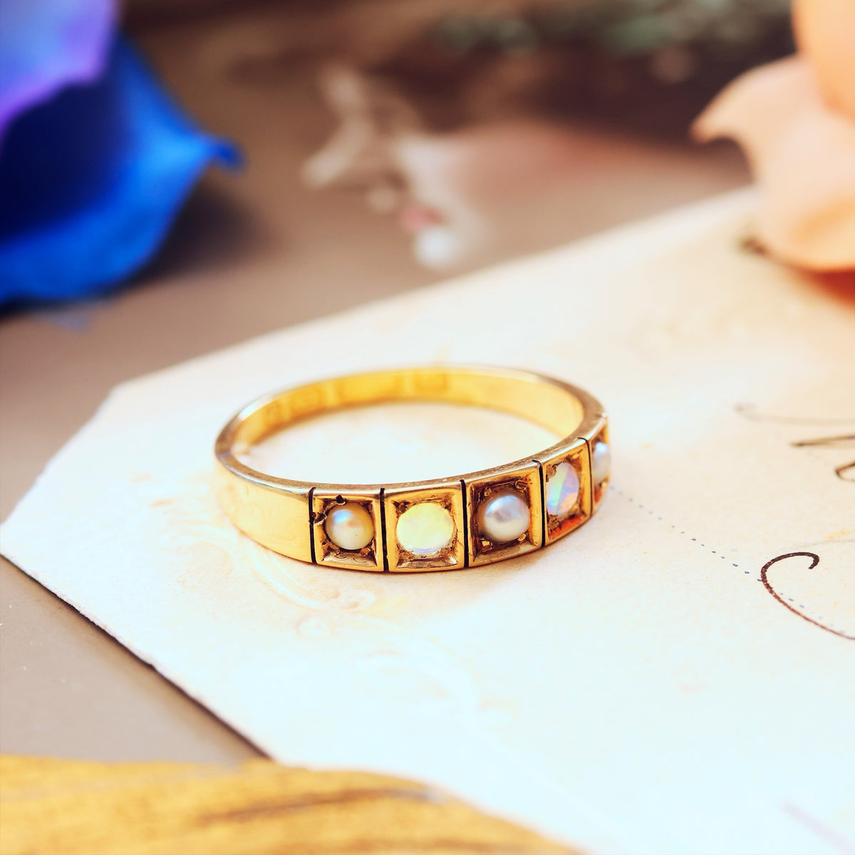 Antique Date 1876 Opal & Pearl Band Ring