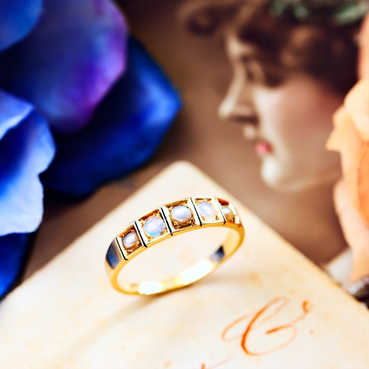 Antique Date 1876 Opal & Pearl Band Ring