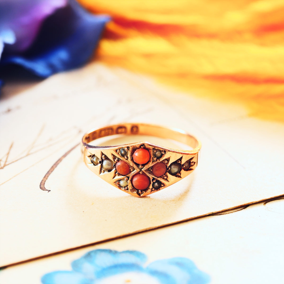 Dainty Date 1878 Coral & Wild Pearl Ring